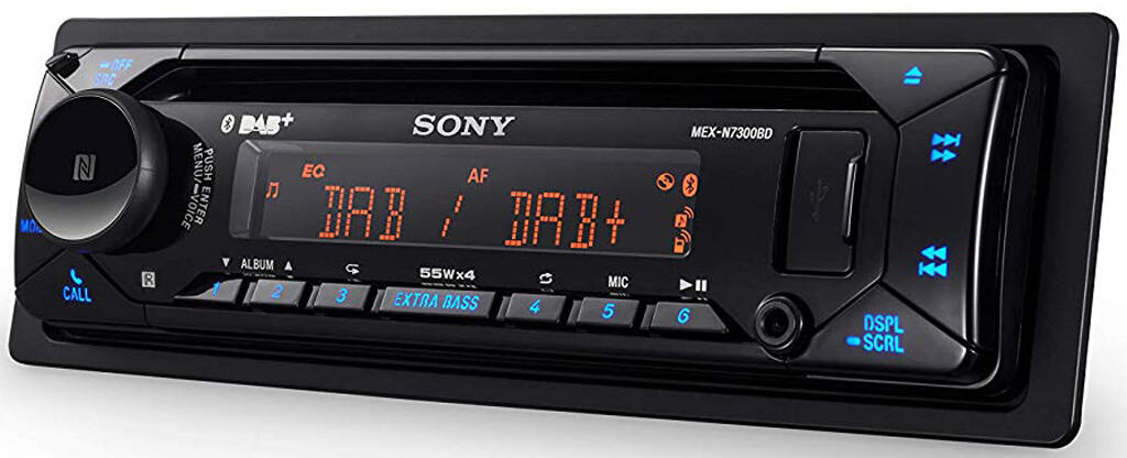Sony DAB+ CD/RDS, 4 x 55W, MP3/WMA DAB og BT, front AUX og USB, 3 linje ut.