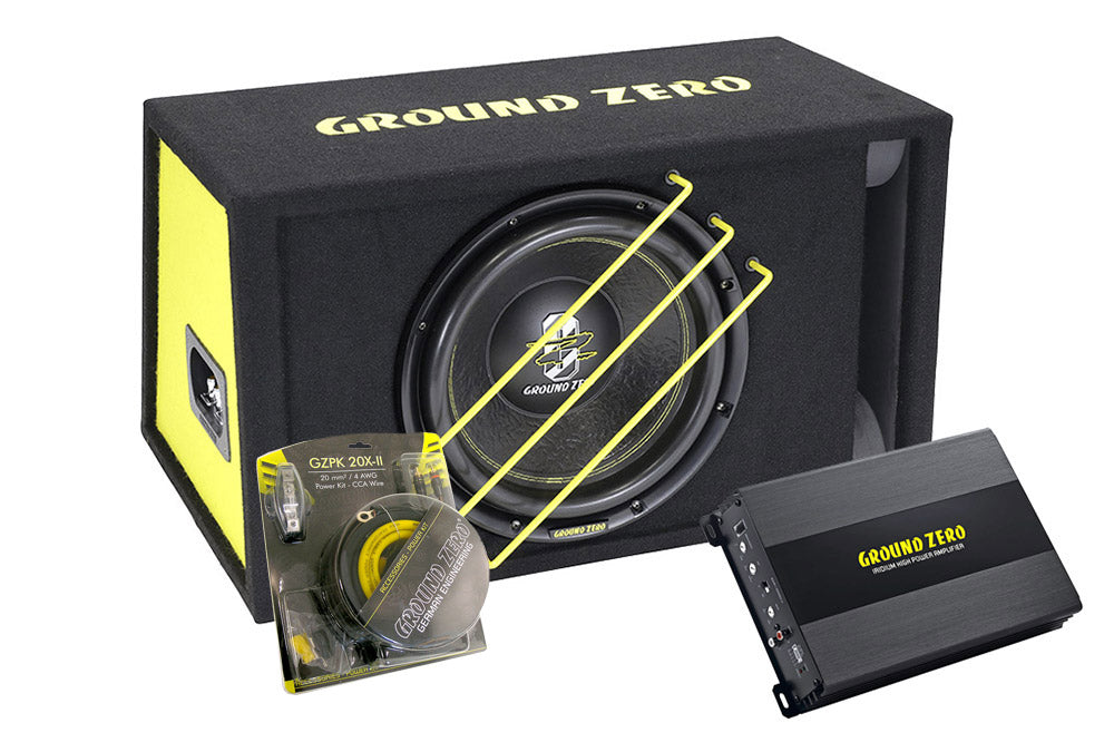 Ground Zero Radioactive SPL Basspakke - kampanje 12" basskasse + forsterker + kabler