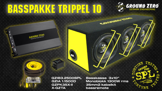 Ground Zero Trippel 10" Basspakke 3x10" basskasse + forsterker + kabler