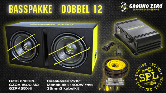 Ground Zero Dobbel 12" Basspakke SPL 2x12" SPL basskasse + forsterker + kabler