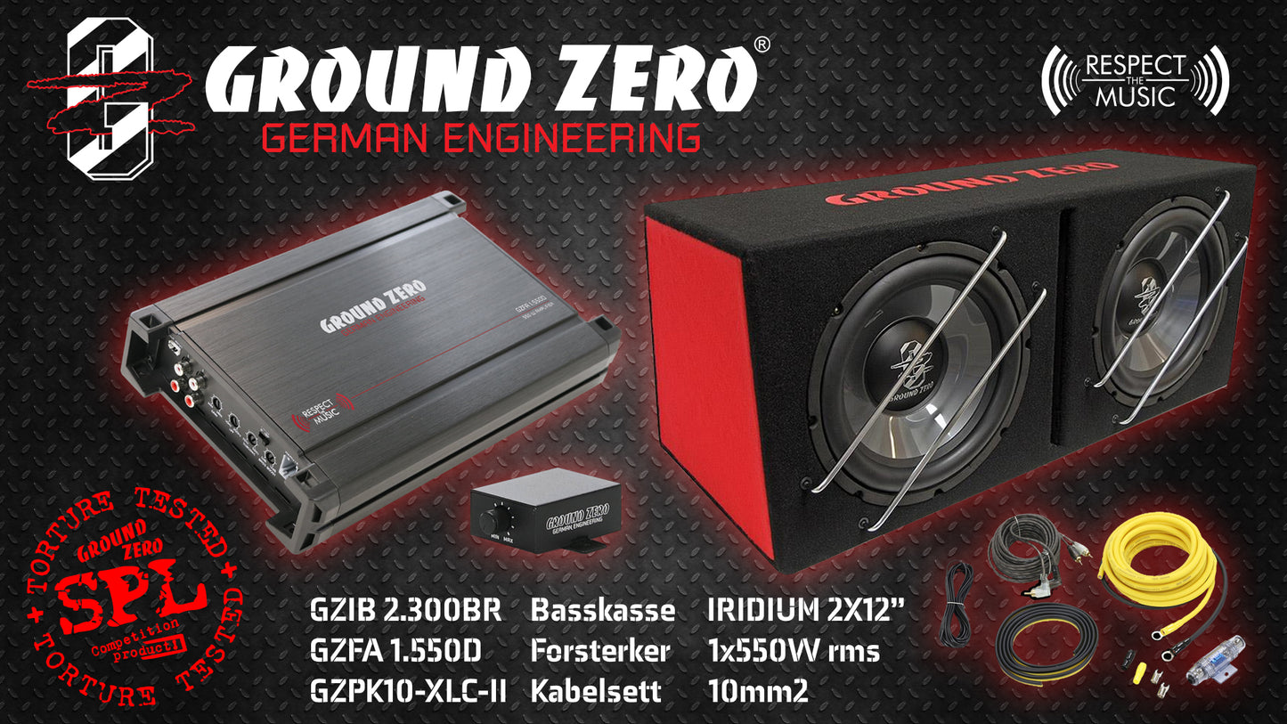 Ground Zero 2x12" Basspakke - kampanje 2x12" basskasse + forsterker + kabler
