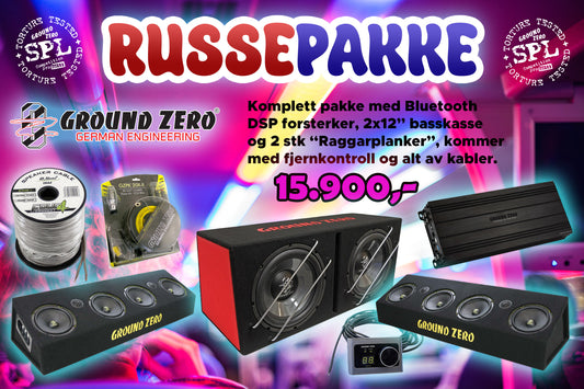Ground Zero Russepakke 2025 basskasse + raggerplanker + forsterker + kabler