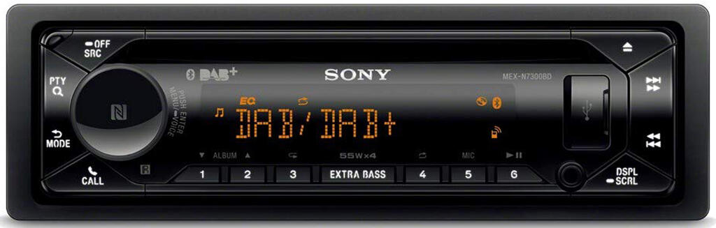 Sony DAB+ CD/RDS, 4 x 55W, MP3/WMA DAB og BT, front AUX og USB, 3 linje ut.